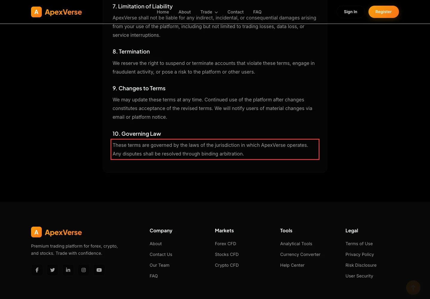 Условия использования ApexVerse с неопределённой юрисдикцией