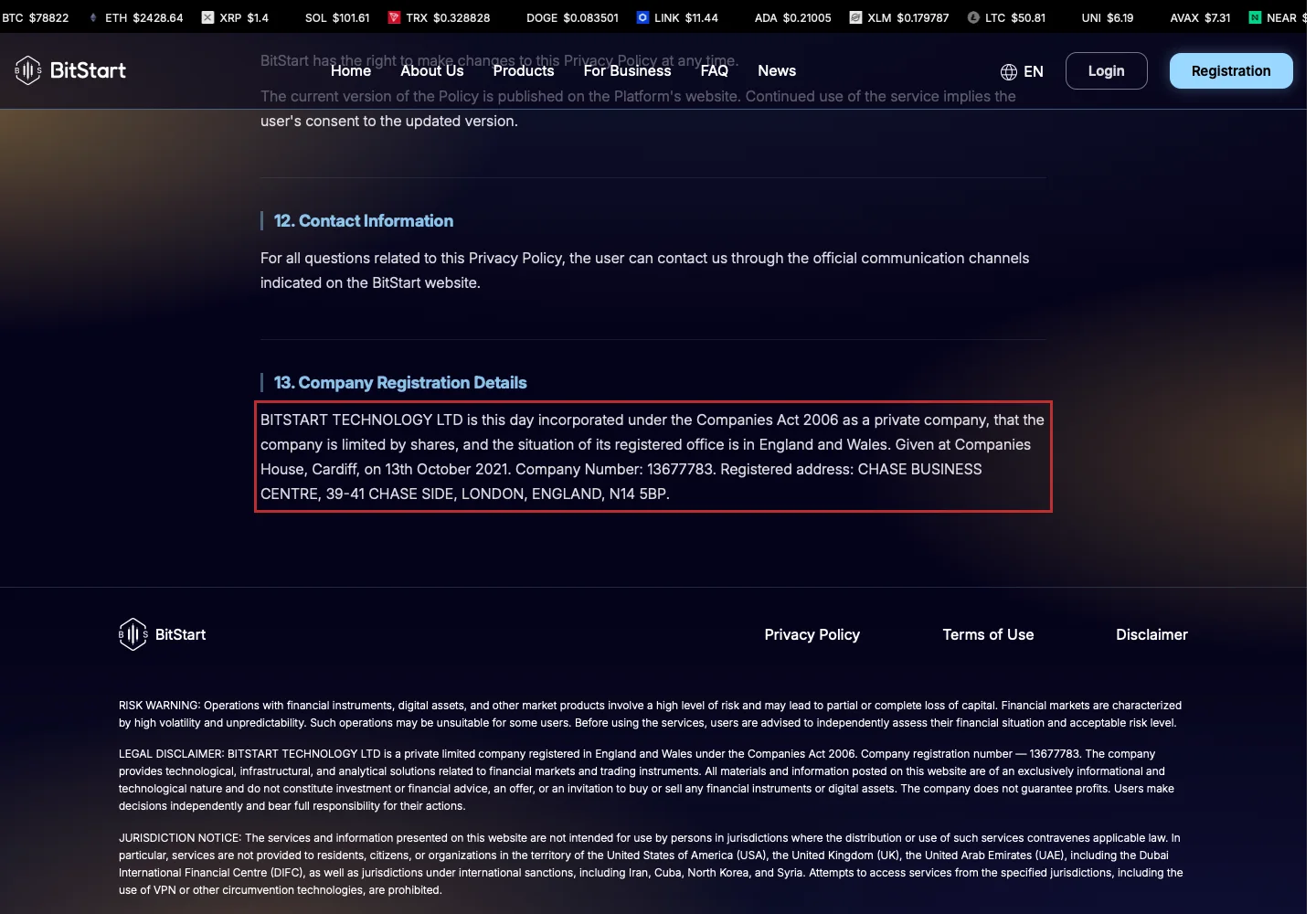 Заявленные регистрационные данные BitStart на официальном сайте.