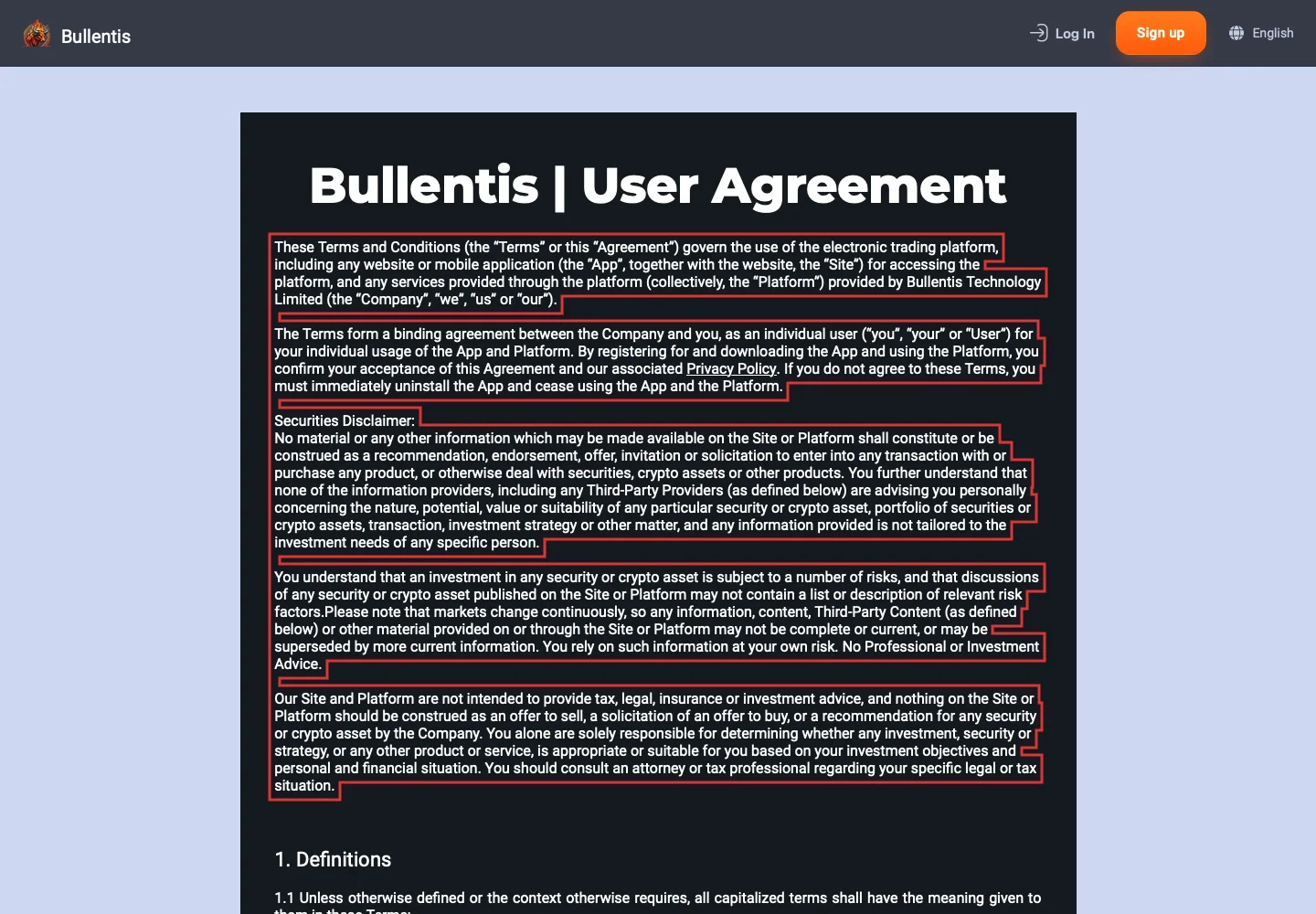 Пользовательское соглашение Bullentis с названием оператора платформы