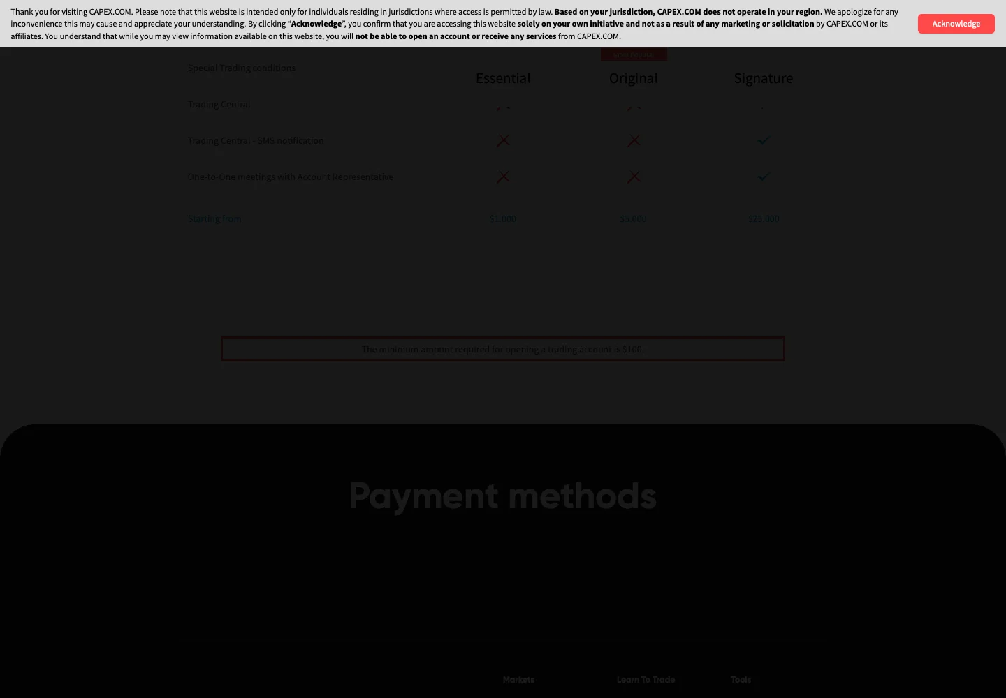 Страница типов счетов Capex.com с минимальной суммой