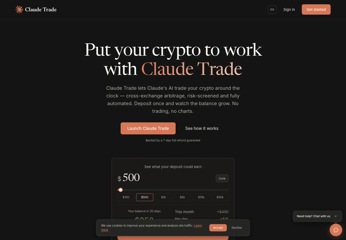 Главная страница Claude Trade с описанием крипто-арбитражного сервиса