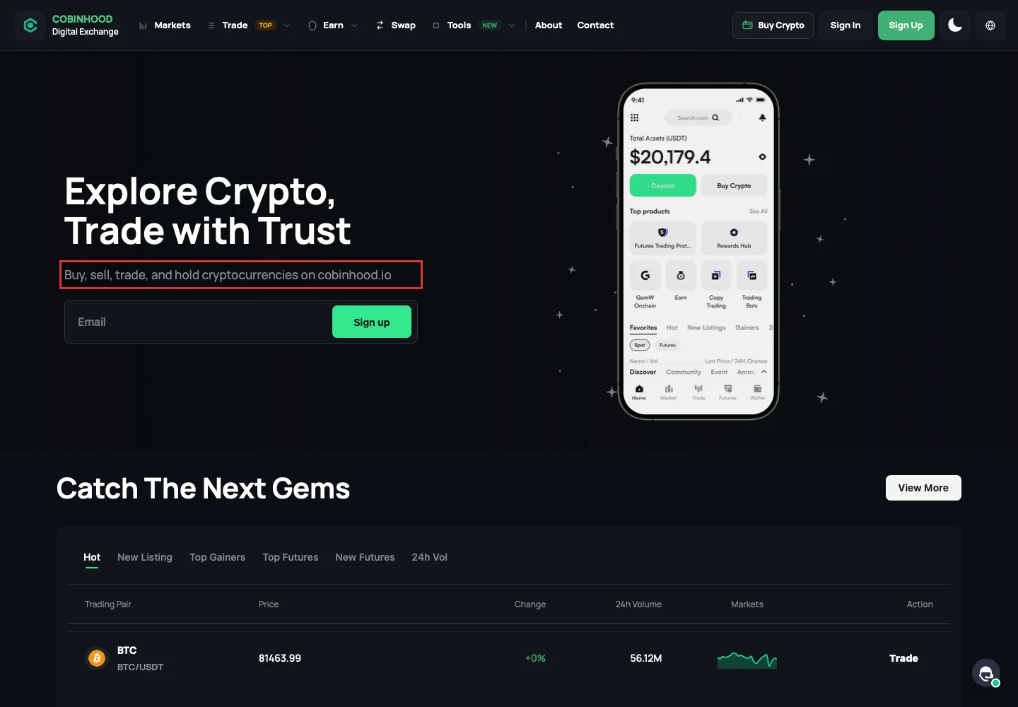 Криптовалютное предложение на главной странице Cobinhood