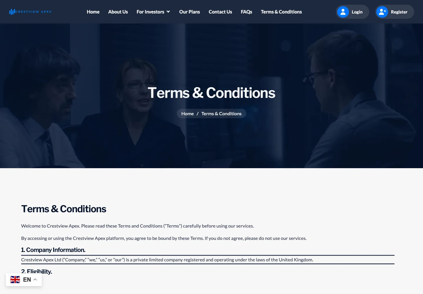Условия Crestview Apex с заявлением о компании