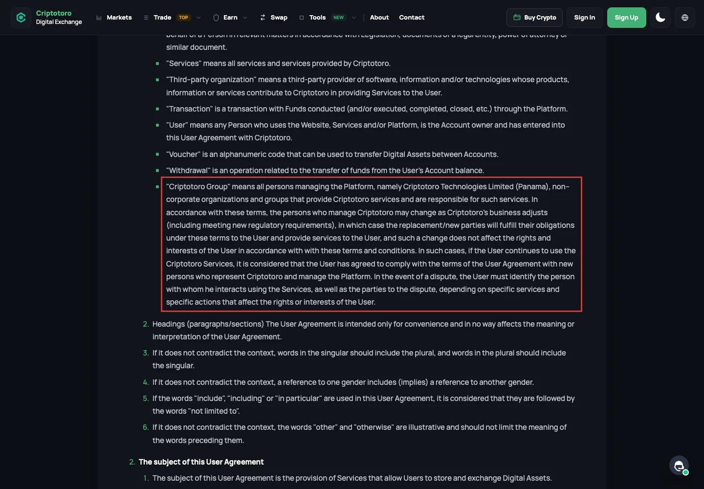 Фрагмент User Agreement с упоминанием Criptotoro Technologies Limited (Panama)