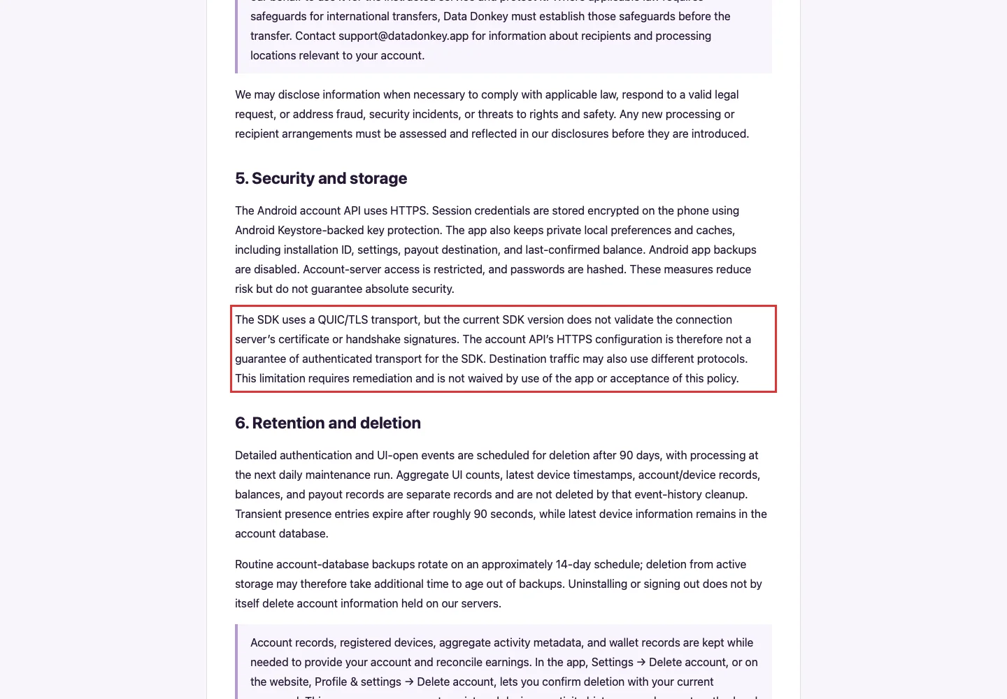 Раскрытие ограничения безопасности SDK в политике Data Donkey