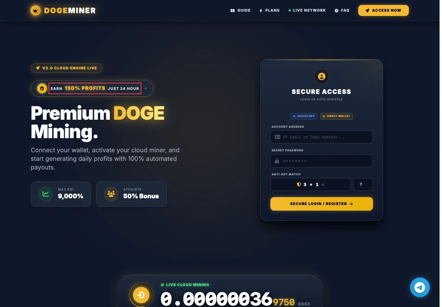 Главная страница DogeMiner с заявлением о доходности
