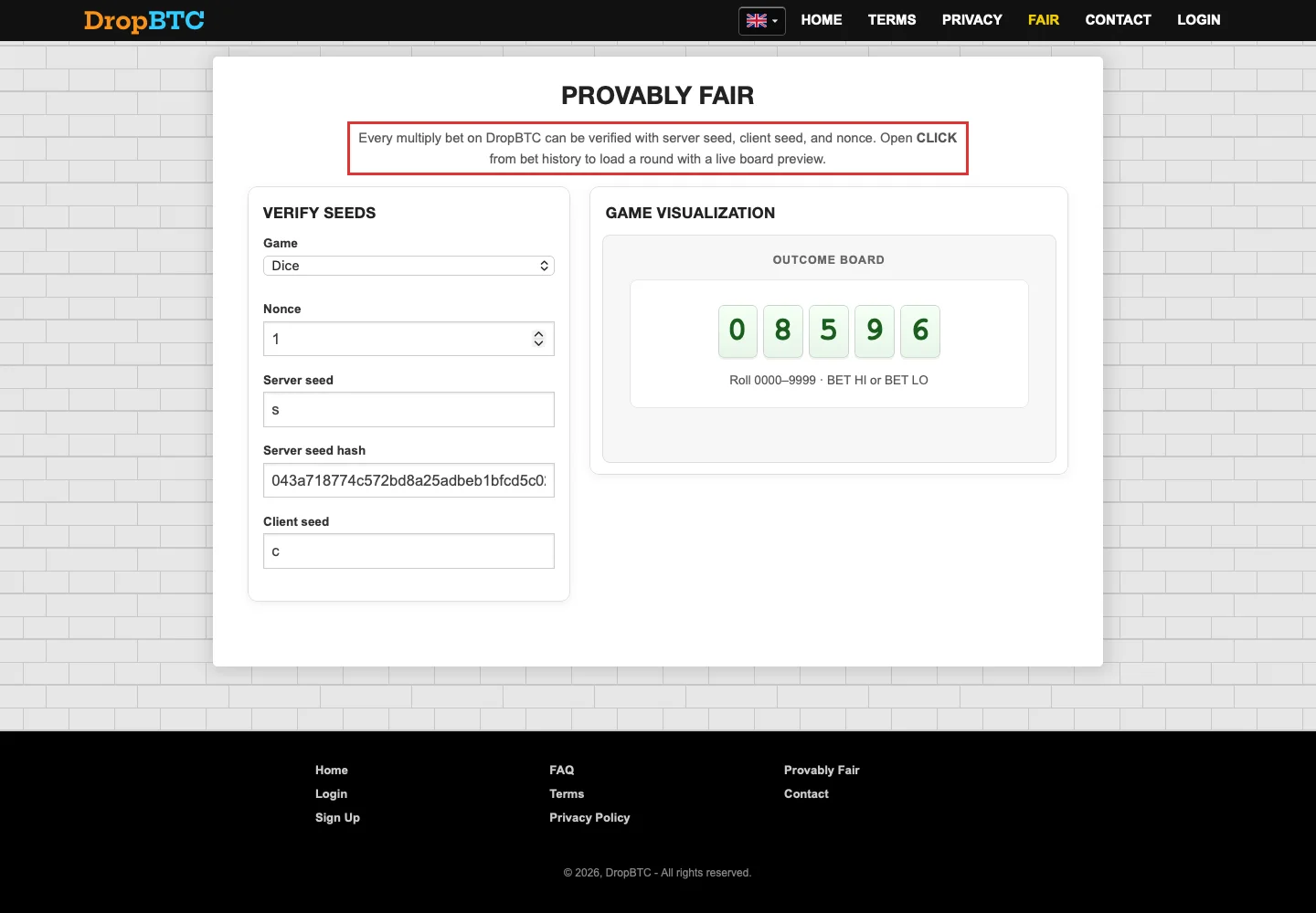 Страница Provably Fair на сайте DropBTC