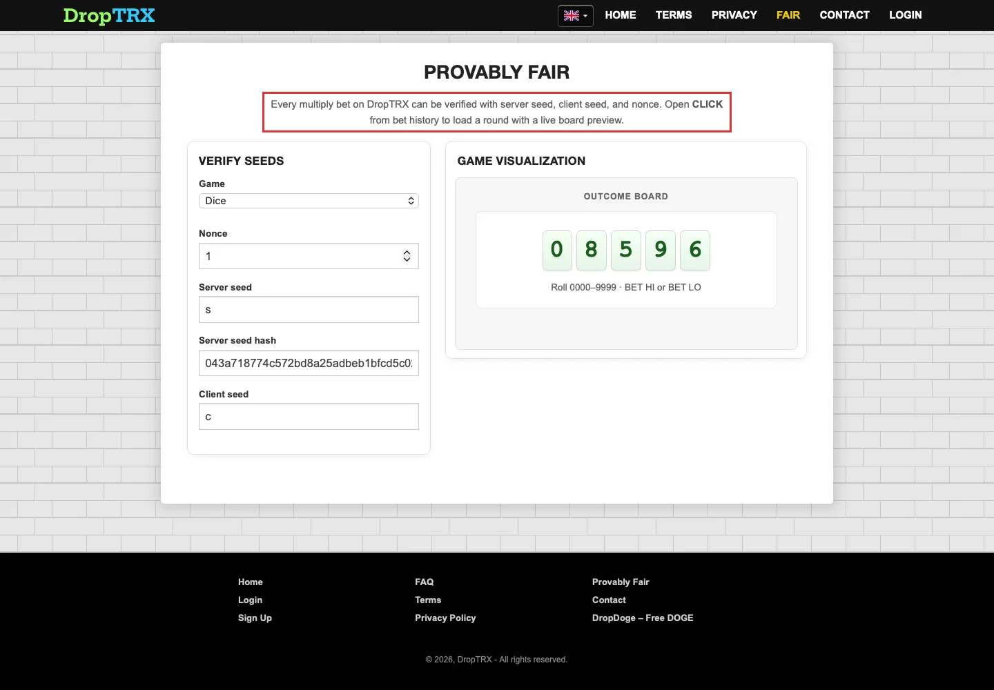 Страница DropTRX Provably Fair