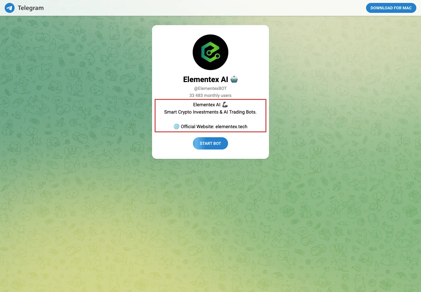 Публичное Telegram-превью бота Elementex AI