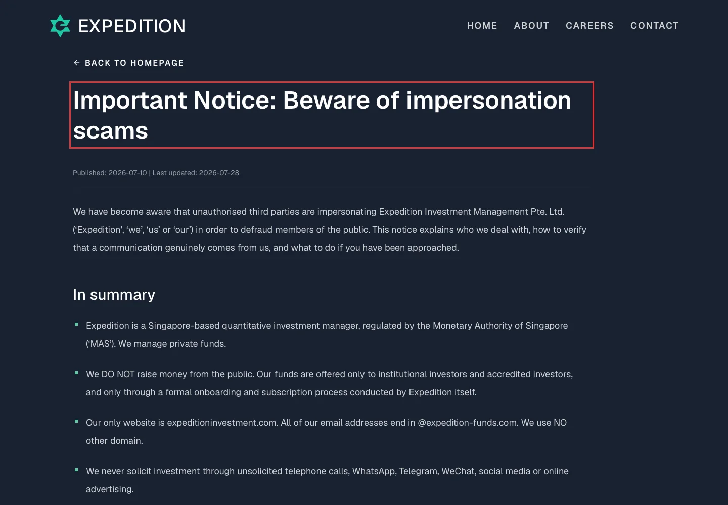 Официальное предупреждение Expedition Investment Management об имперсонации