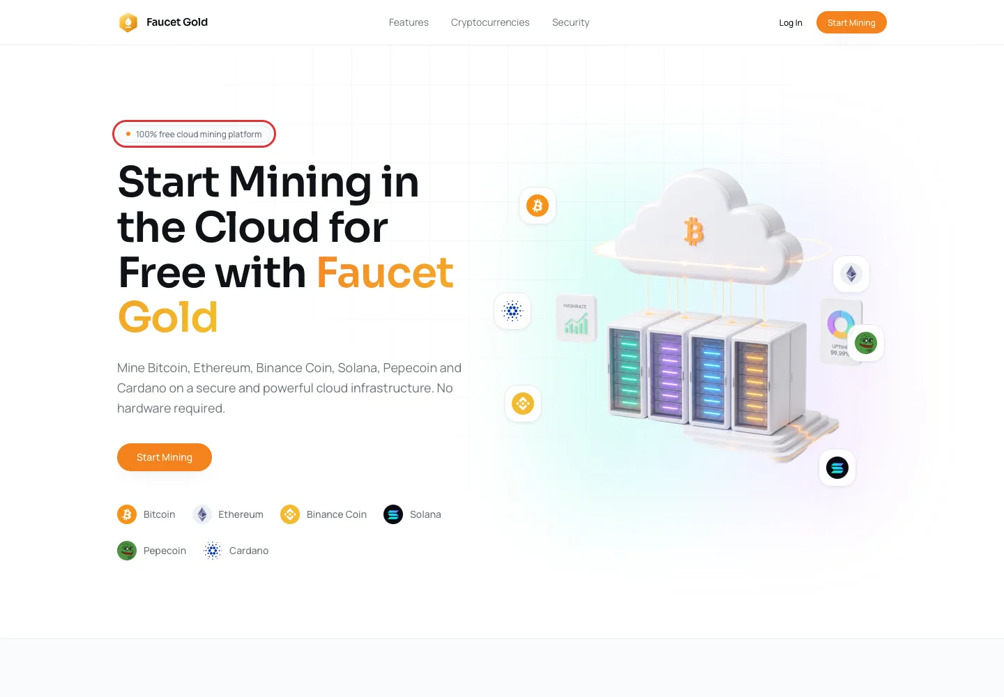 Главная страница Faucet Gold с заявлением о бесплатном облачном майнинге