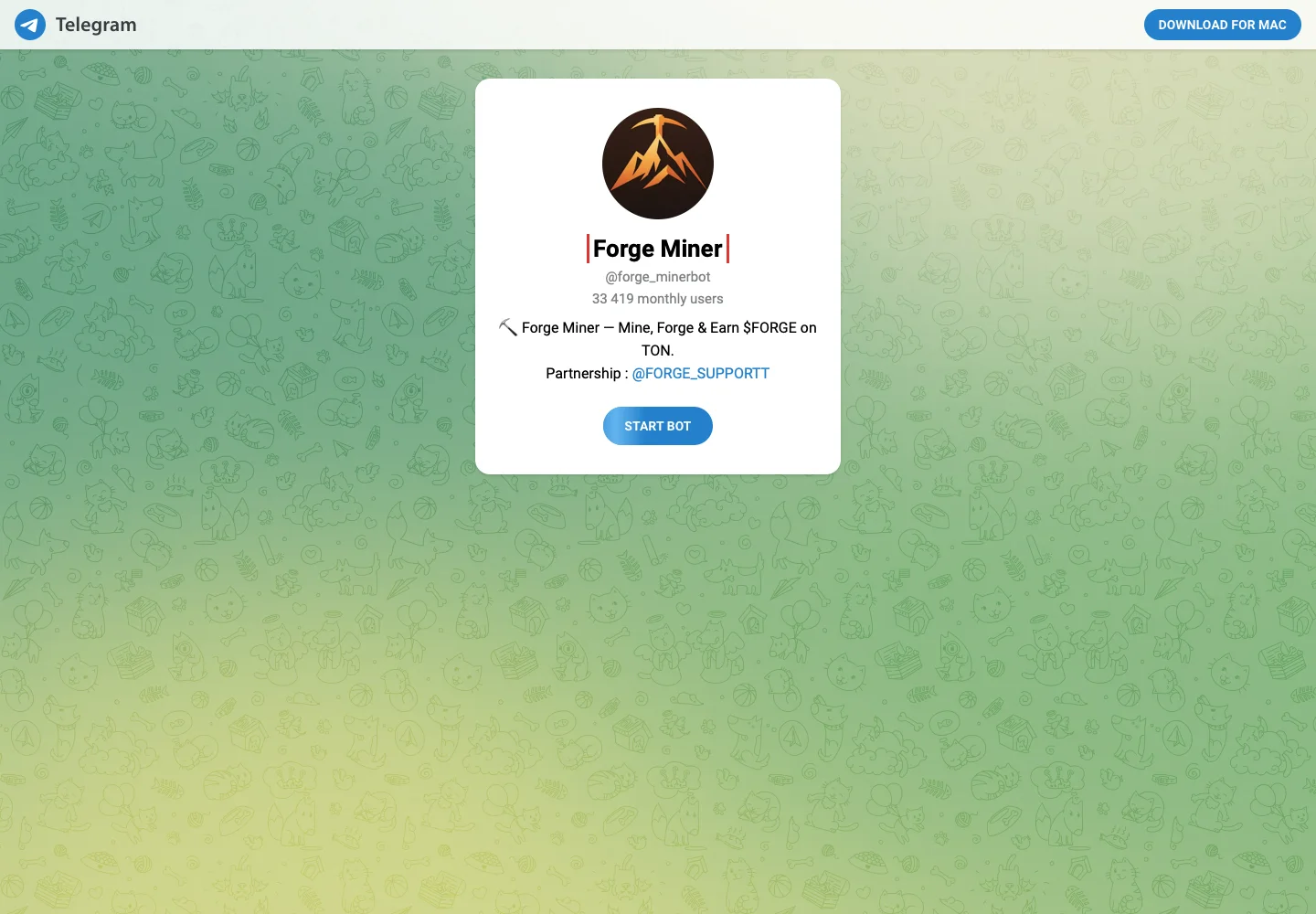 Публичная страница Telegram-бота Forge Miner