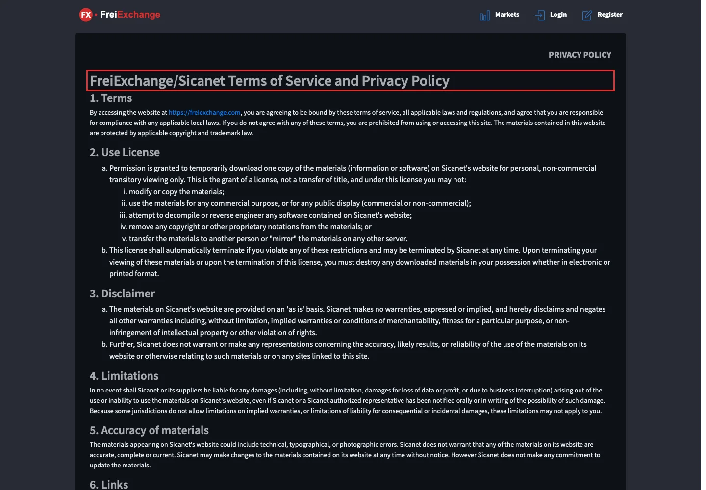 Страница Terms и Privacy FreiExchange/Sicanet