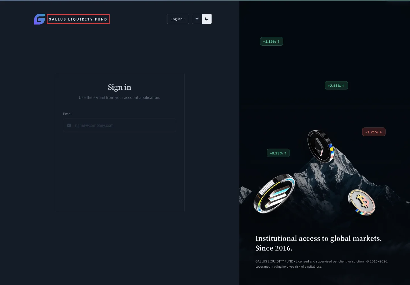 Публичная страница клиентского кабинета Gallus Liquidity Fund
