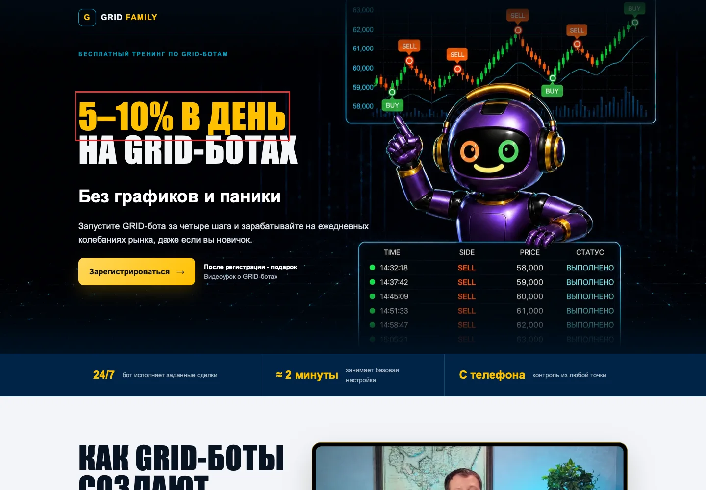 Страница GRID Family с доходным рекламным заявлением