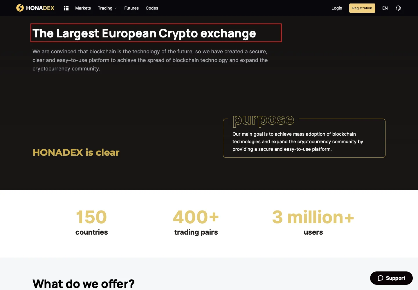 Страница Honadex с заявлением о масштабе криптобиржи