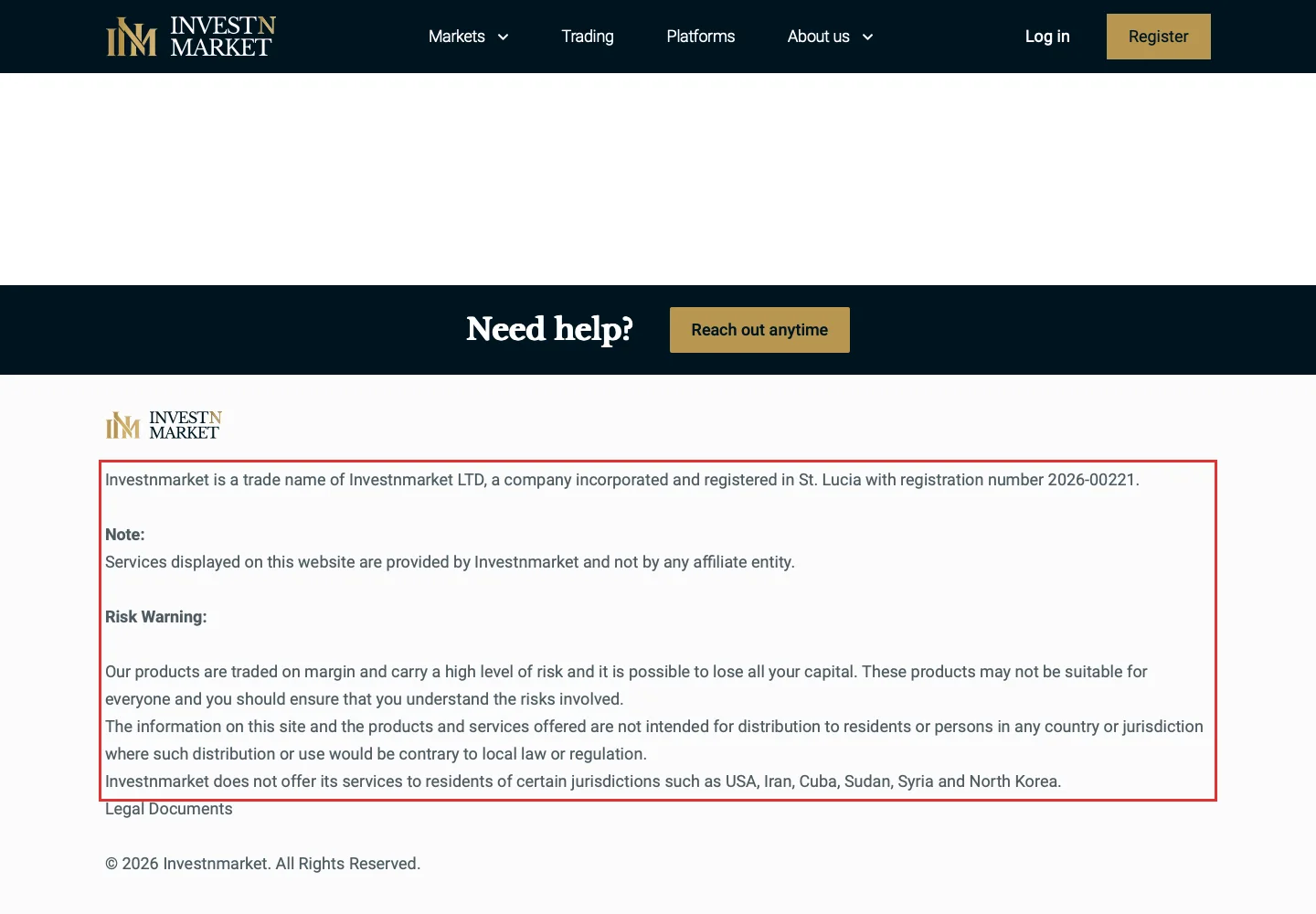 Юридическое заявление на официальном сайте Investnmarket