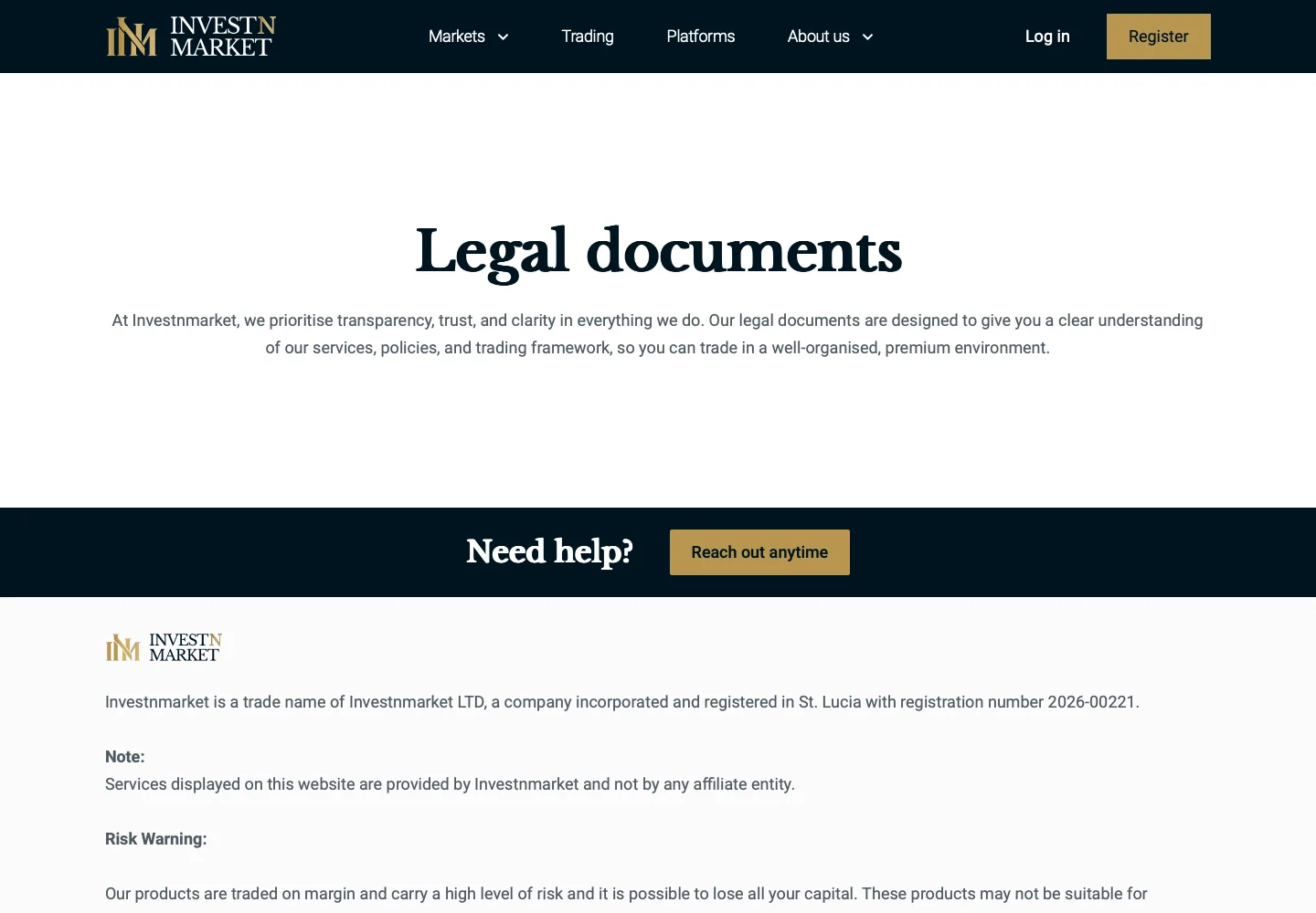 Страница Legal documents Investnmarket