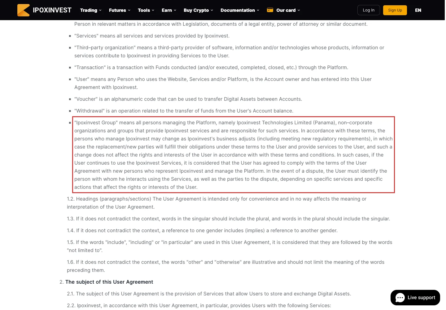 Фрагмент пользовательского соглашения Ipoxinvest с указанием заявленного юридического лица