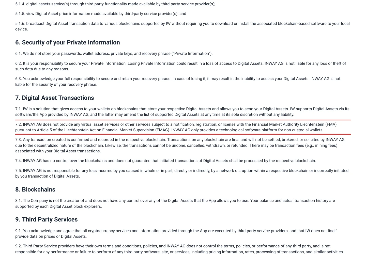 Фрагмент условий IronWallet о регуляторном статусе и модели сервиса