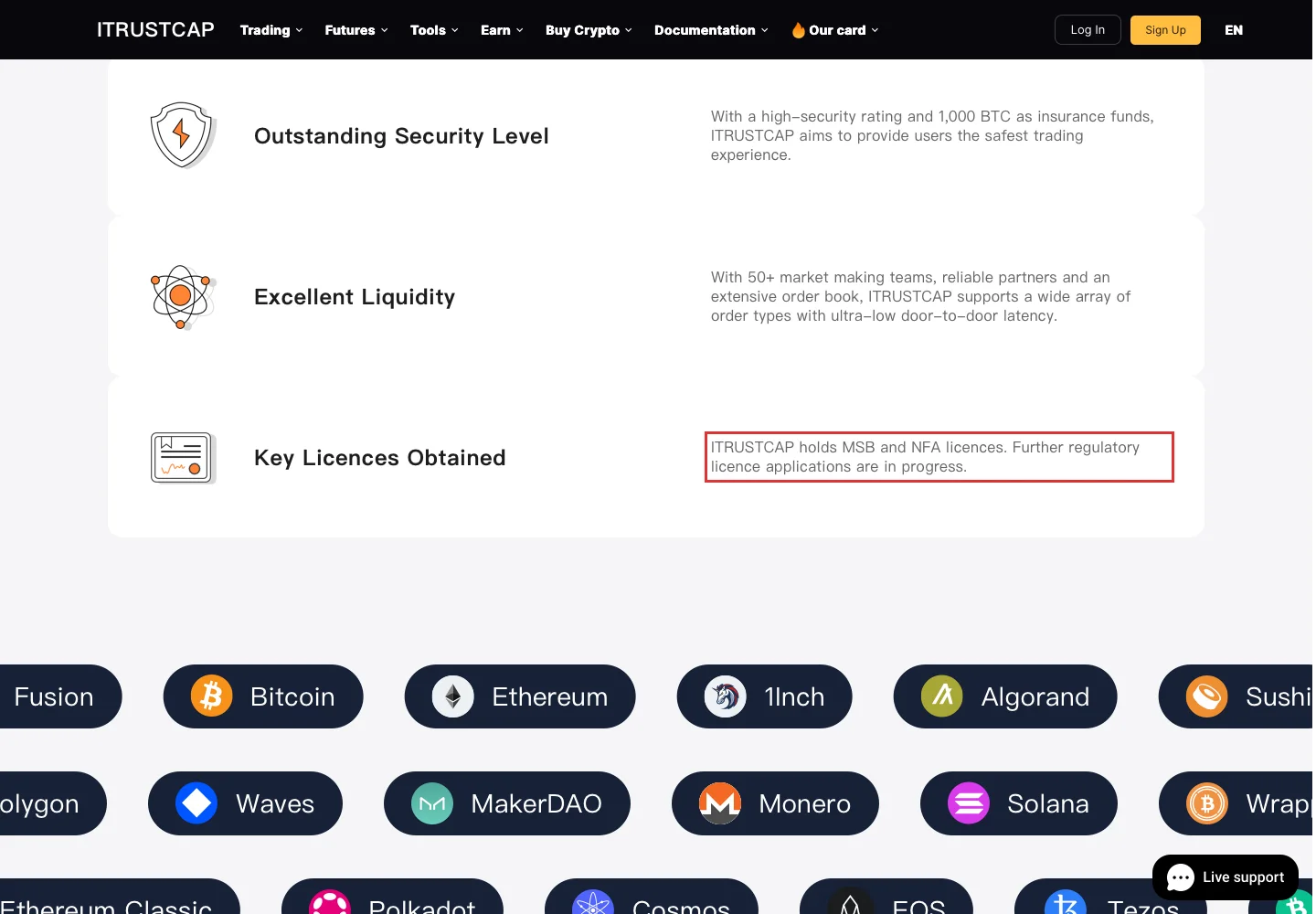 Заявление ITRUSTCAP о MSB и NFA лицензиях на главной странице