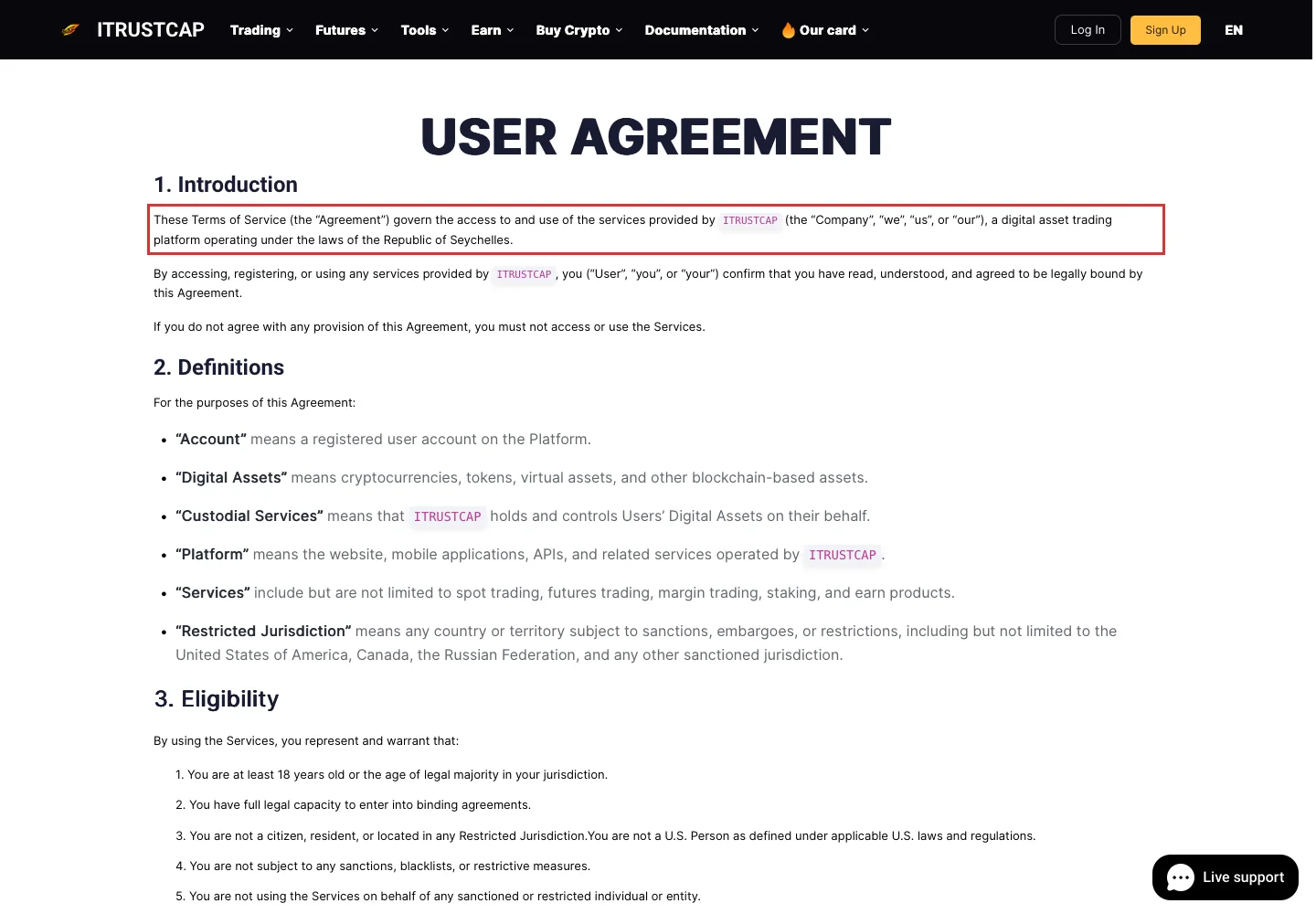 Юрисдикционная формулировка в пользовательском соглашении ITRUSTCAP