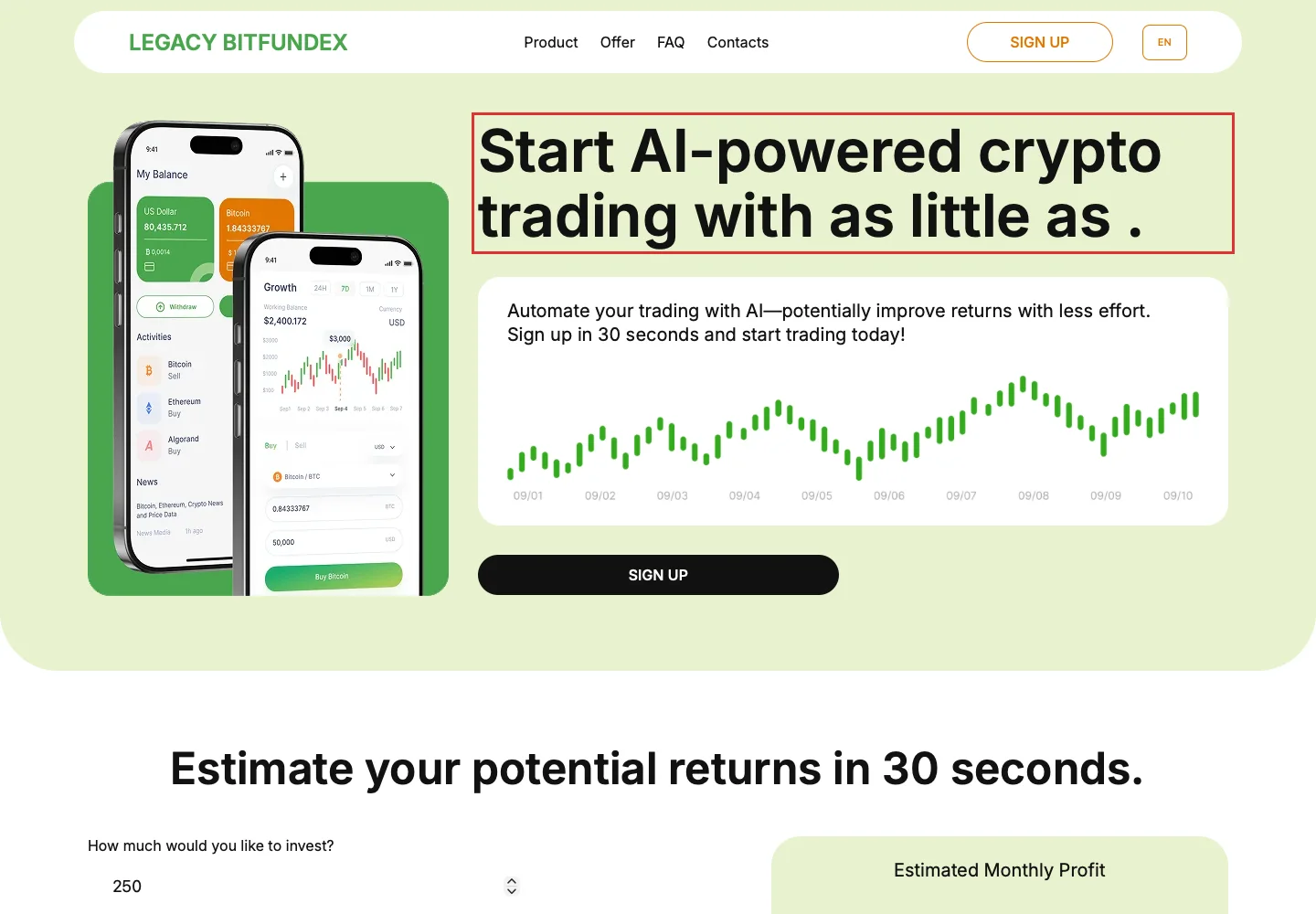 Главная страница Legacy Bitfundex с предложением AI-трейдинга