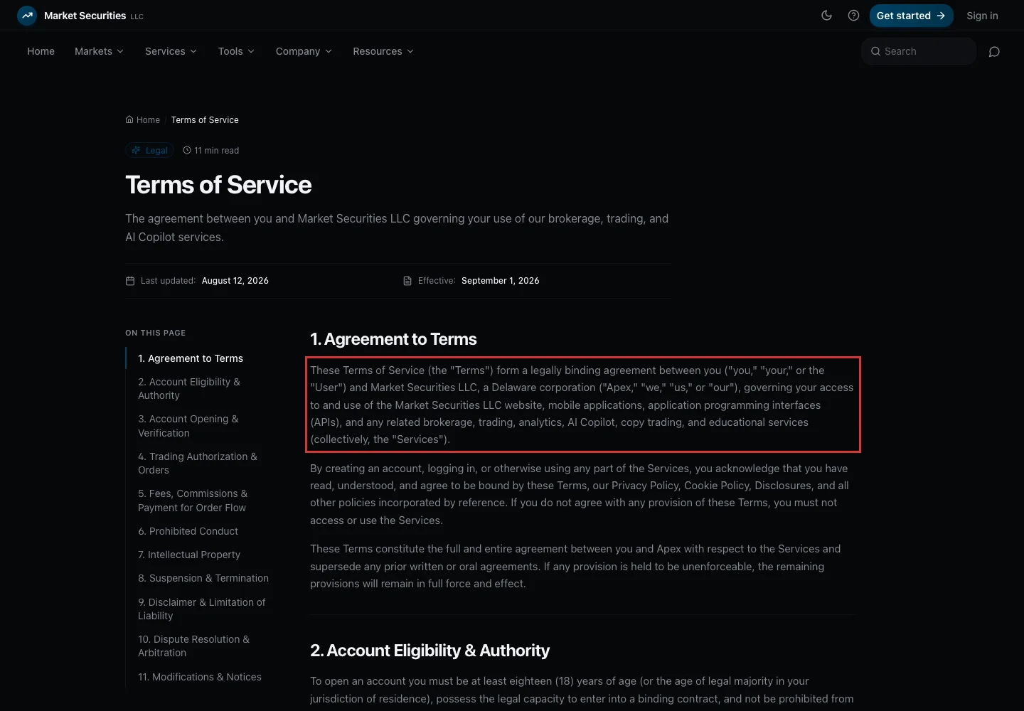 Фрагмент Terms of Service с юридическим заявлением компании