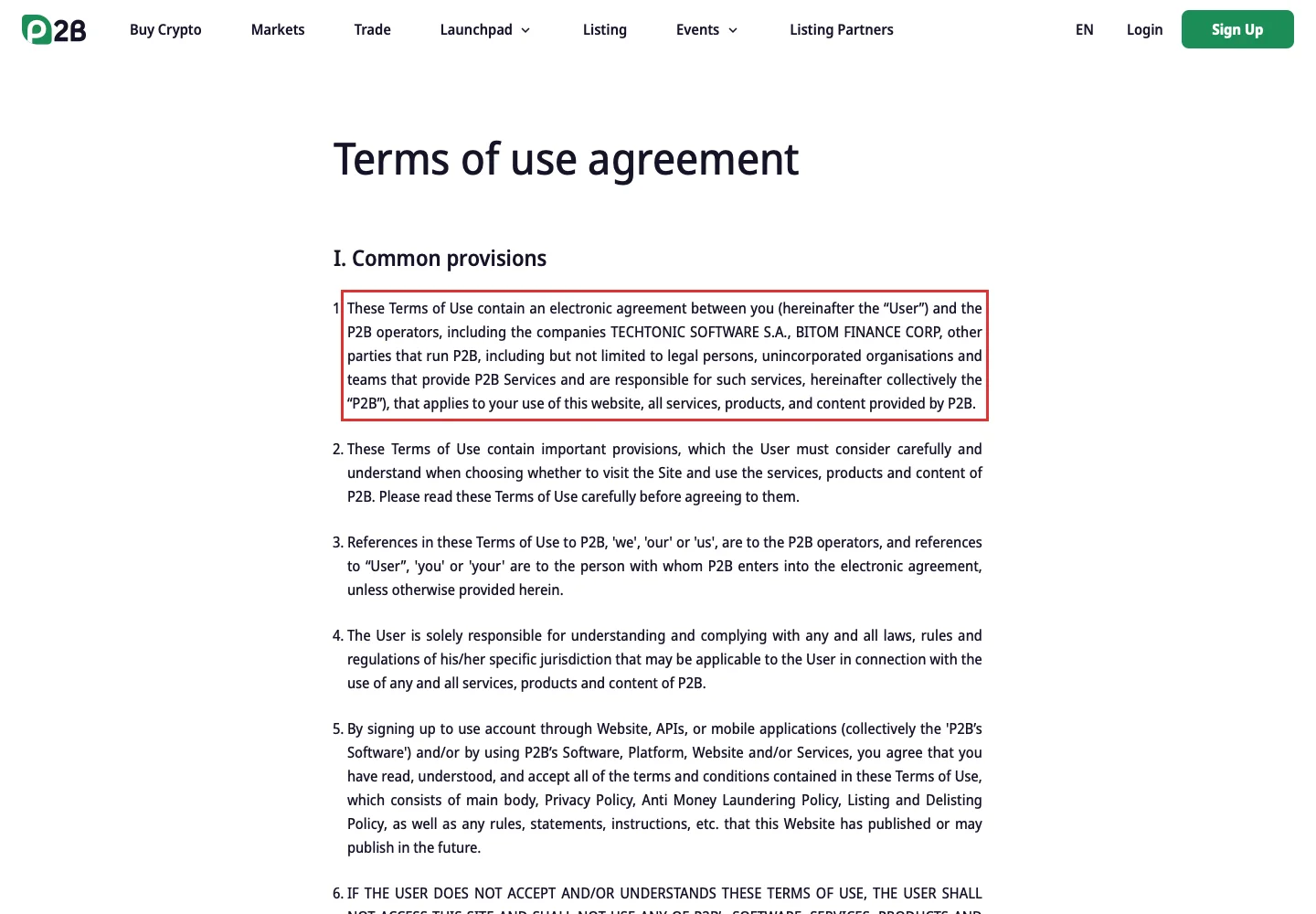 Terms of Use P2B с перечислением операторов сервиса