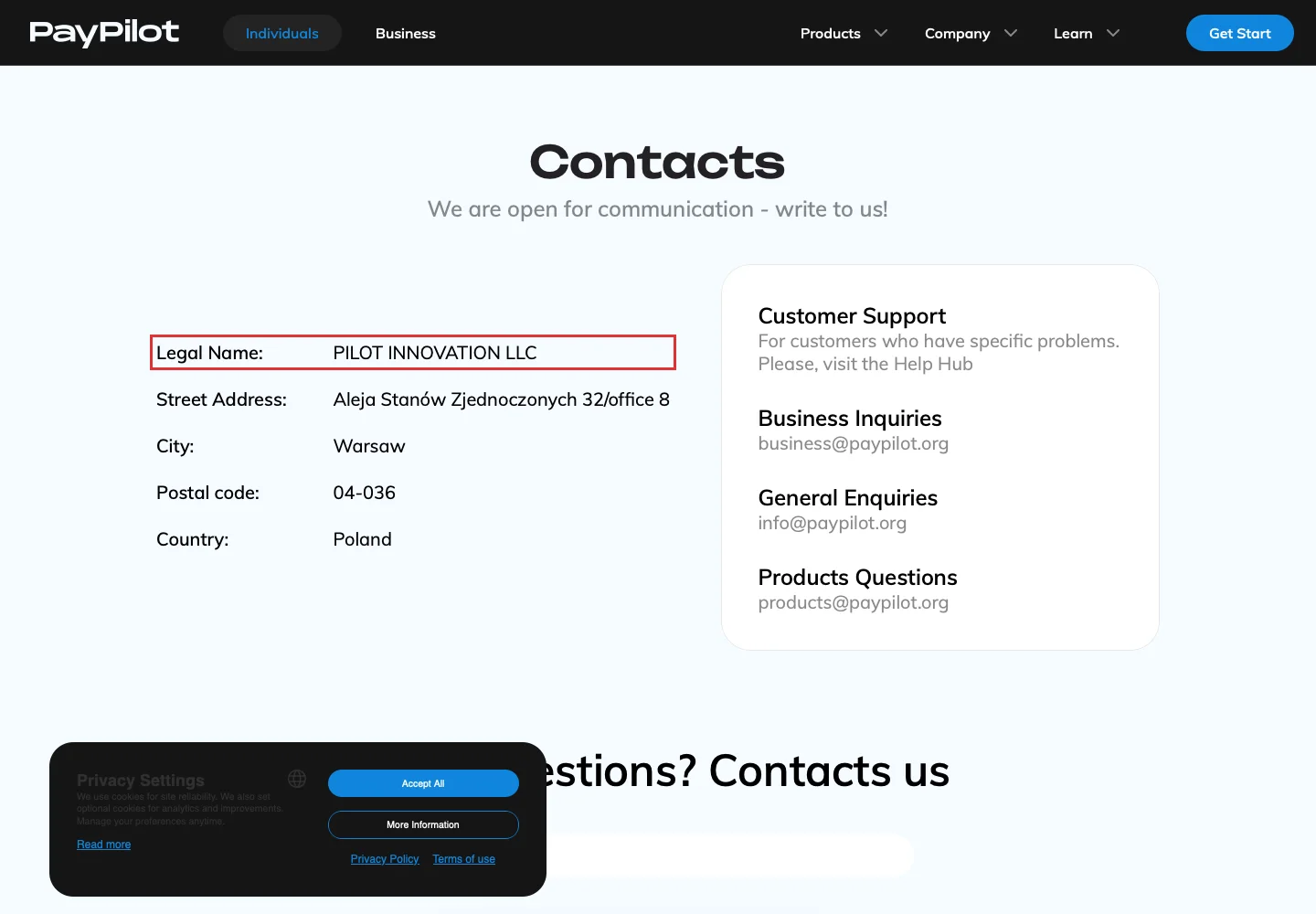 Контактные и юридические данные PayPilot на официальном сайте