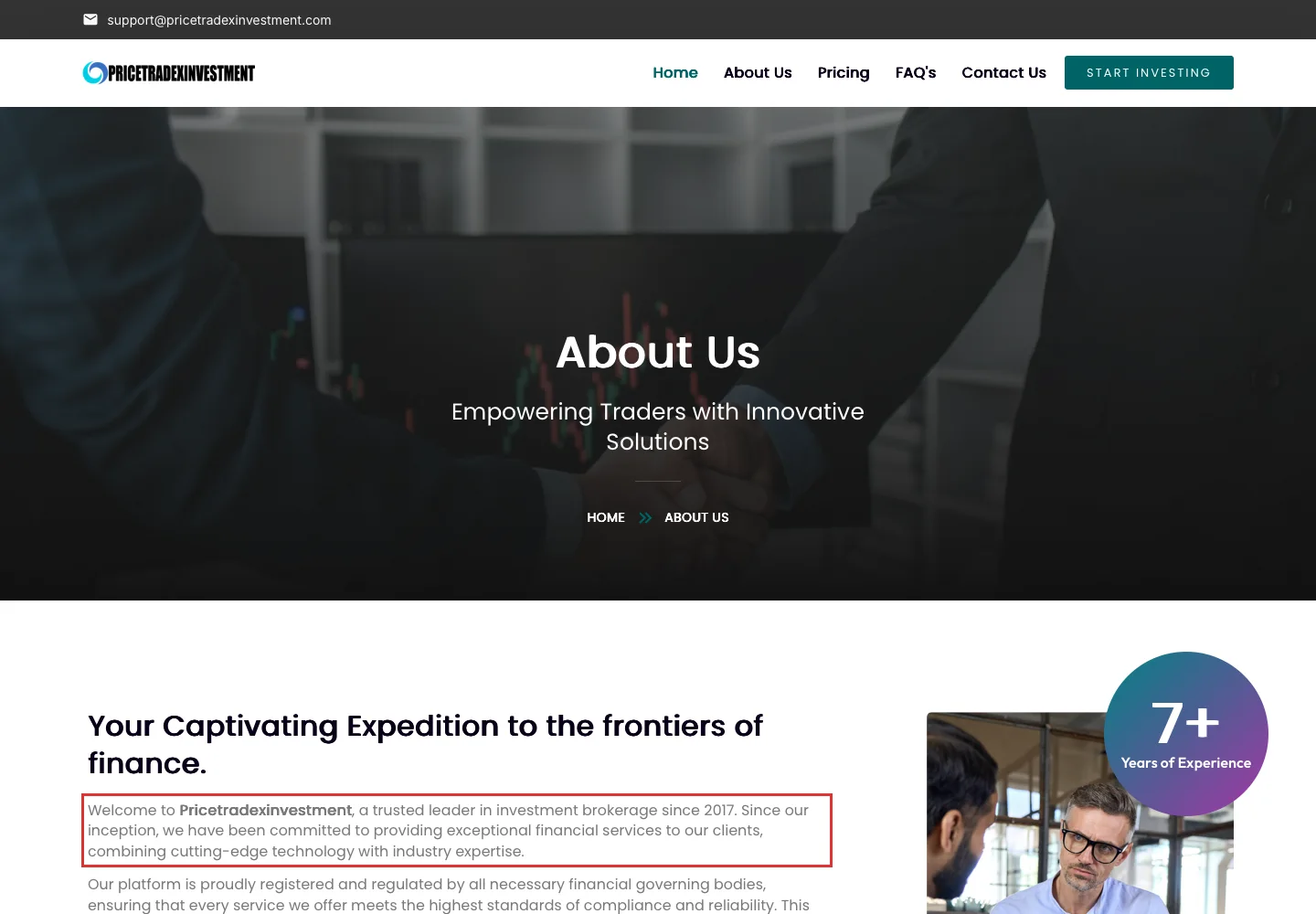Раздел о проекте Pricetradexinvestment с заявлением о работе с 2017 года. Снимок от 20 октября 2026 года не подтверждает историю бизнеса.