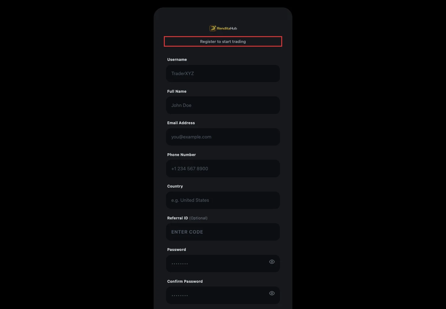 Публичная форма регистрации RenditaHub