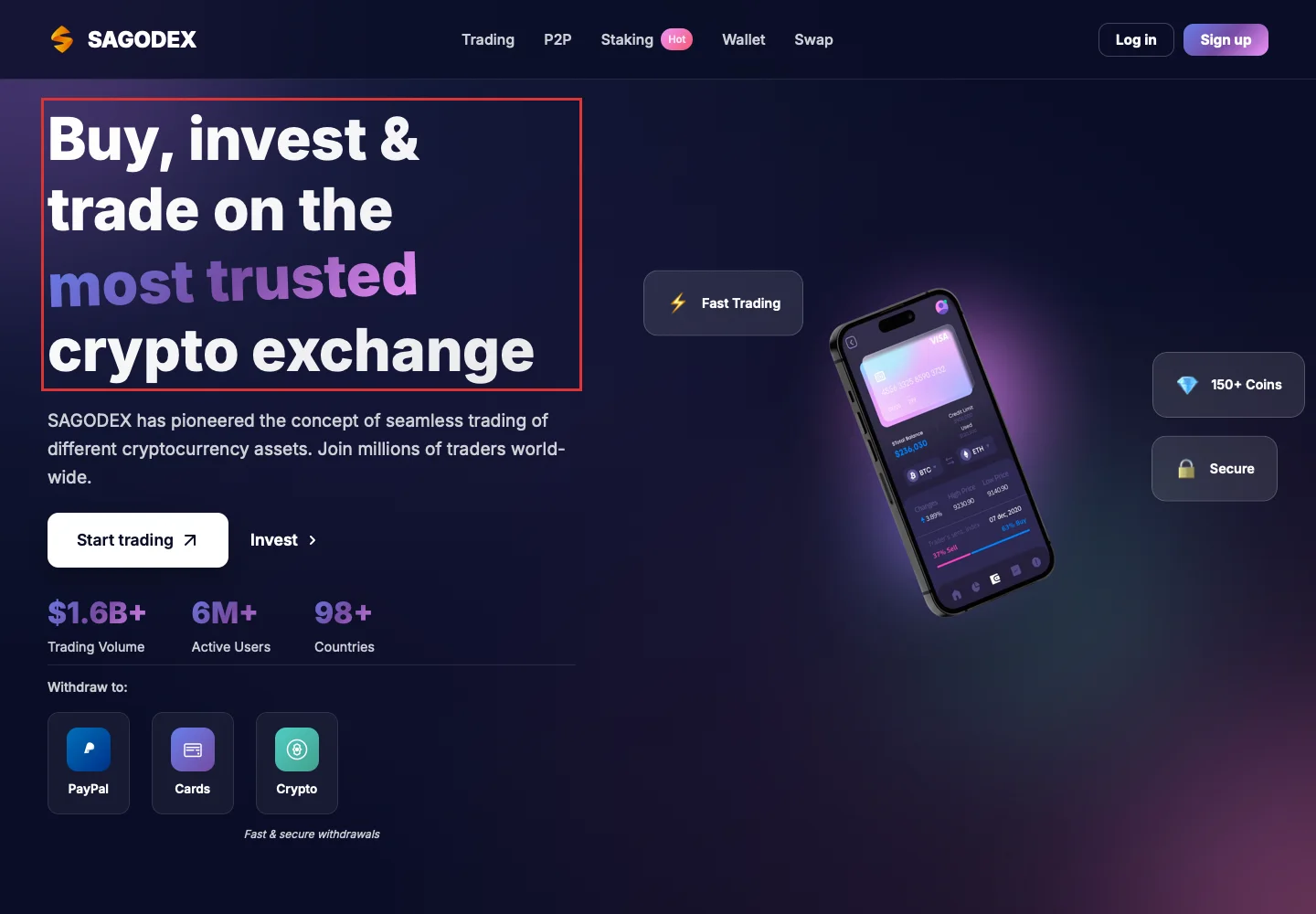 Главная страница Sagodex с описанием криптовалютной платформы