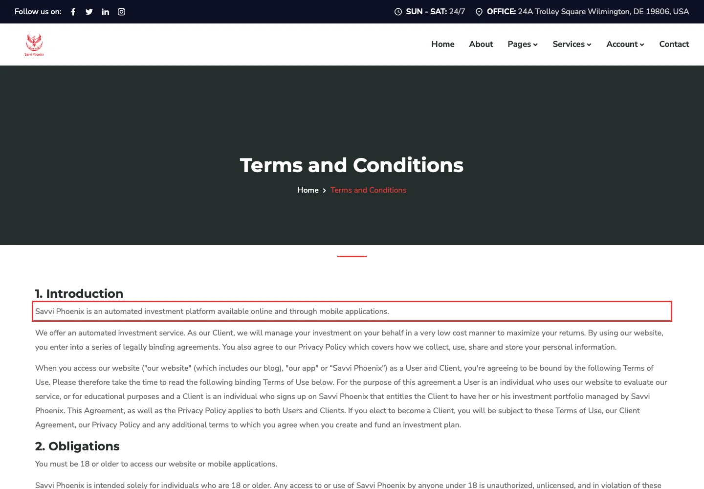 Фрагмент условий Savvi Phoenix о характере инвестиционной услуги