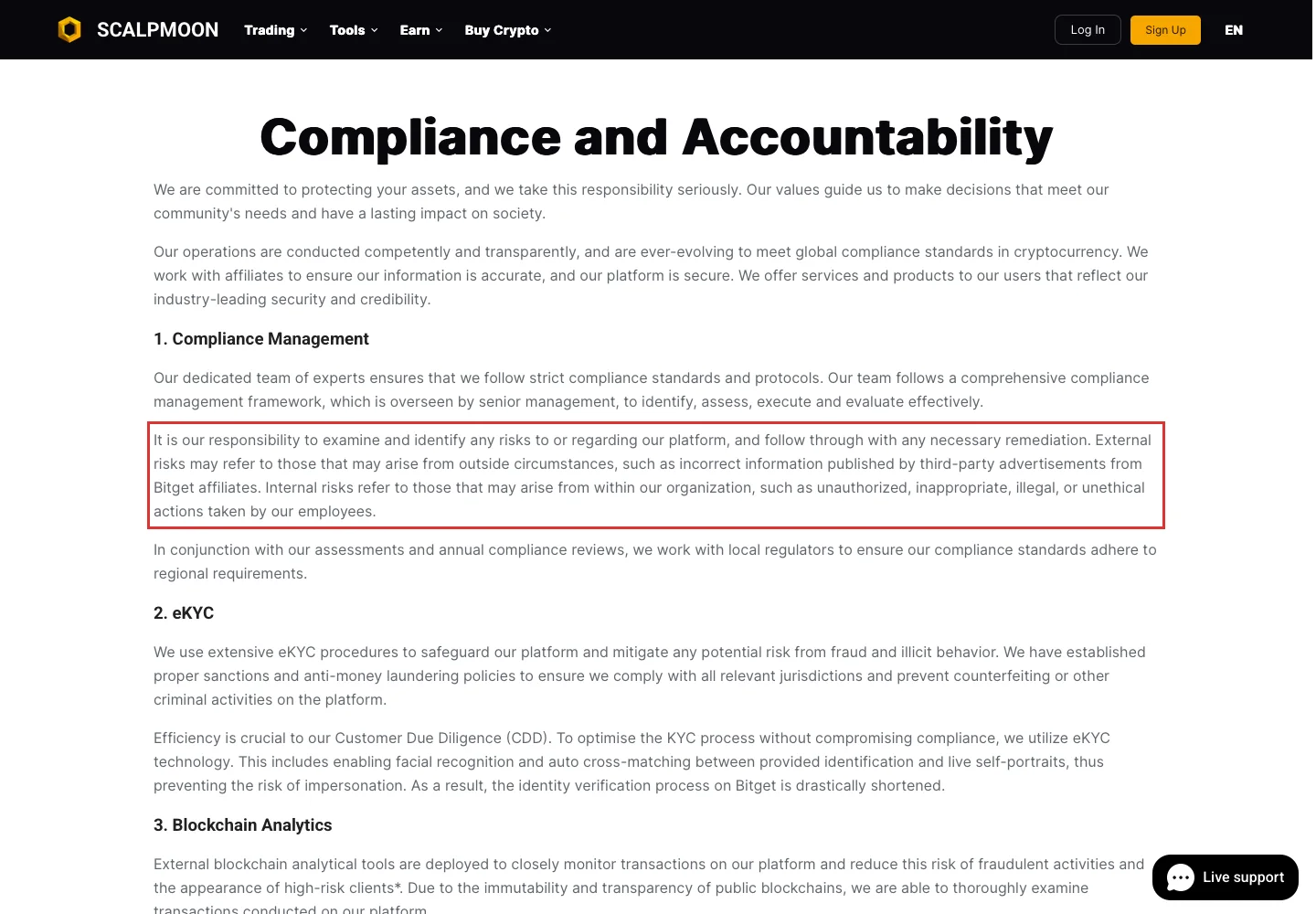 Фрагмент регуляторной страницы ScalpMoon с чужим упоминанием Bitget