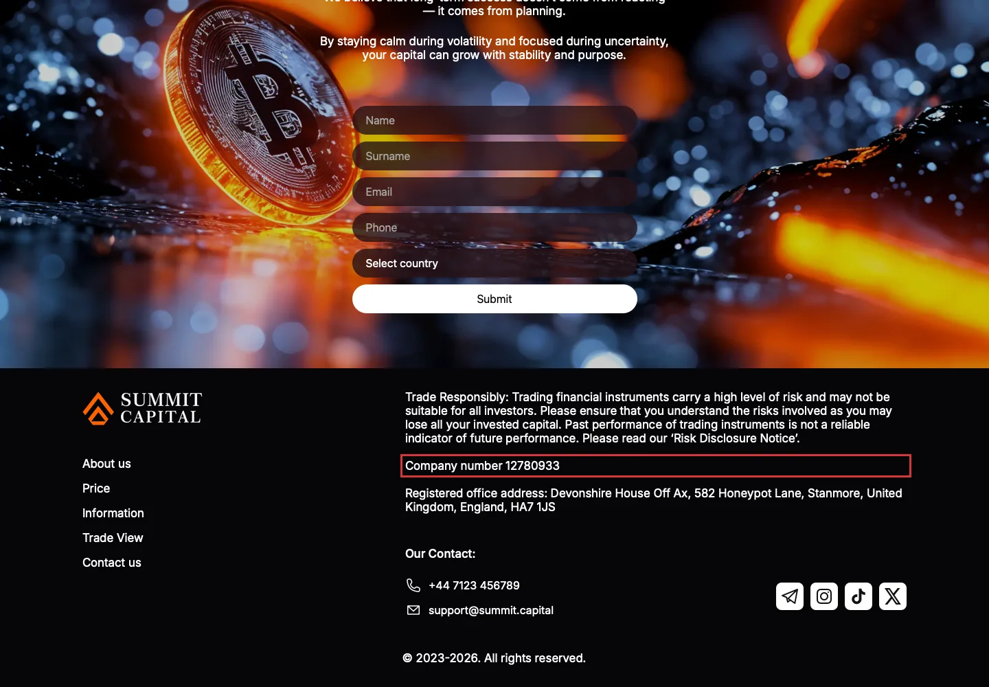 Корпоративные реквизиты, указанные на сайте Summit Capital