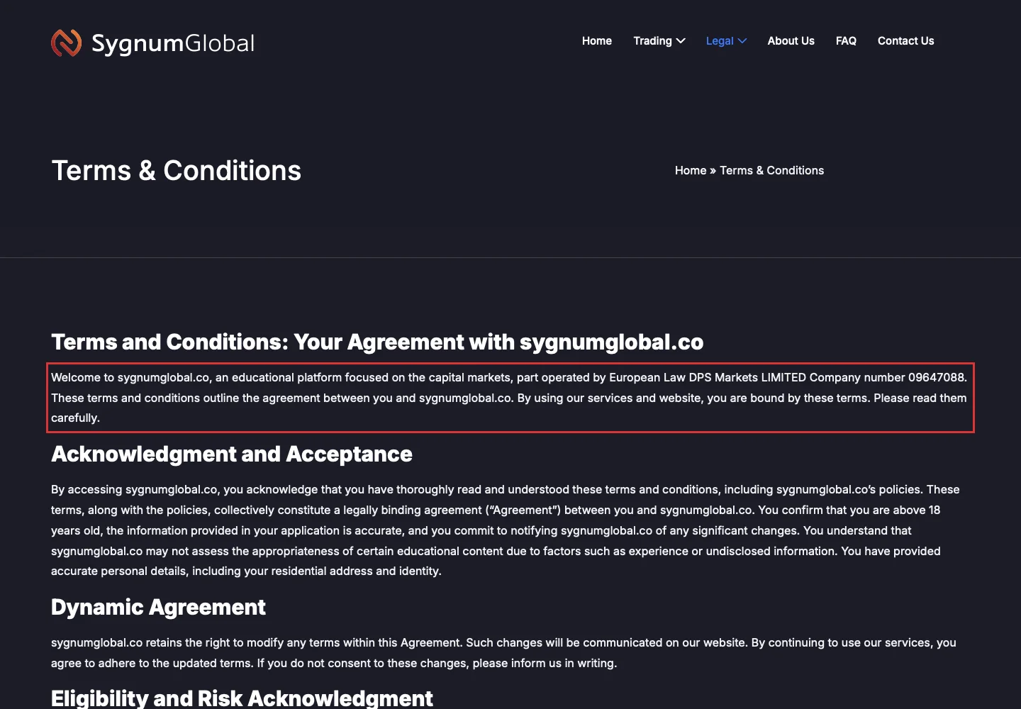 Условия Sygnum Global с заявленным оператором