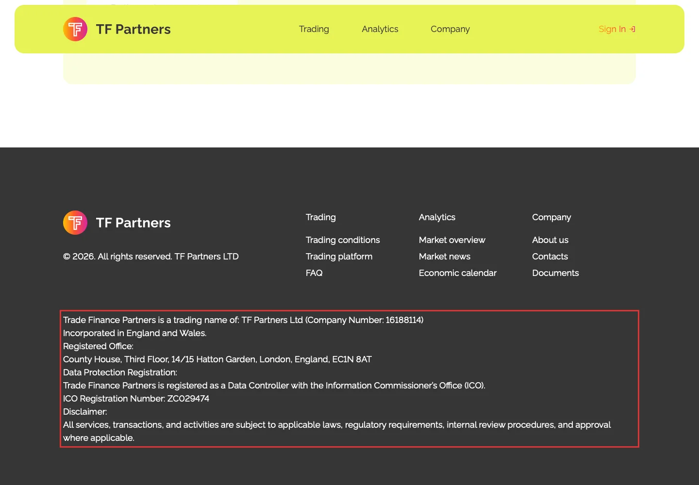 Футер сайта TF Partners с указанным юридическим лицом