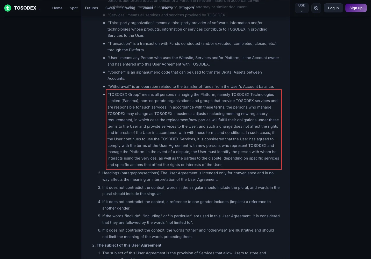 Пользовательское соглашение Tosodex с указанием TOSODEX Technologies Limited (Panama)
