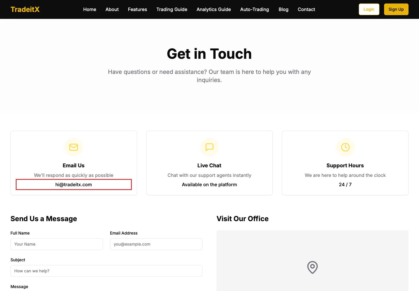 Контактная страница TradeitX с email поддержки