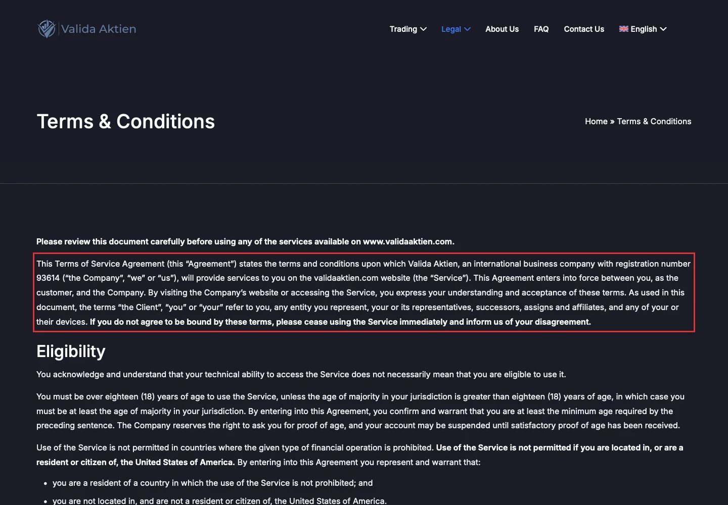 Условия обслуживания Valida Aktien