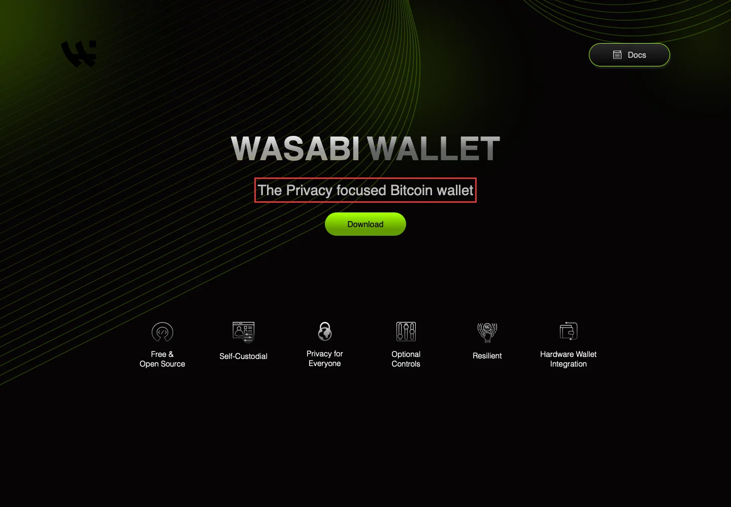 Главная страница Wasabi Wallet с позиционированием продукта