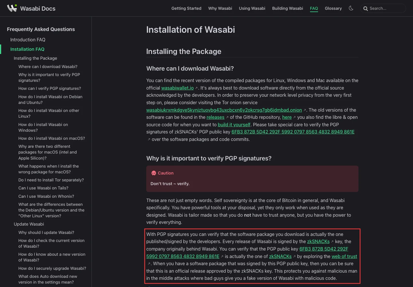 Документация по проверке подлинности установочных файлов Wasabi