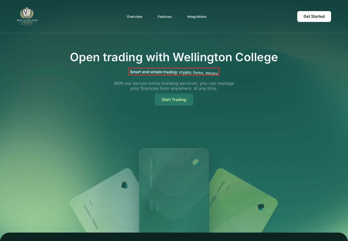 Главная страница Wellington College с заявлением о торговых услугах