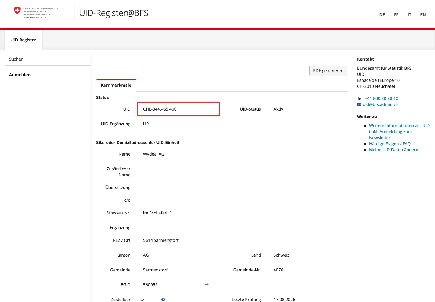 UID-запись Wydeal AG в Швейцарии