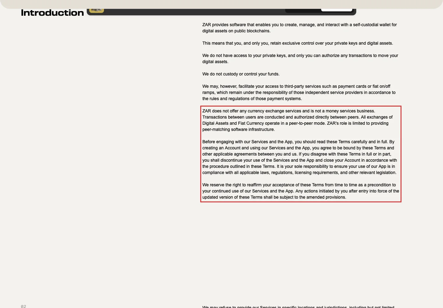 Terms of Service ZAR с описанием юридической роли сервиса