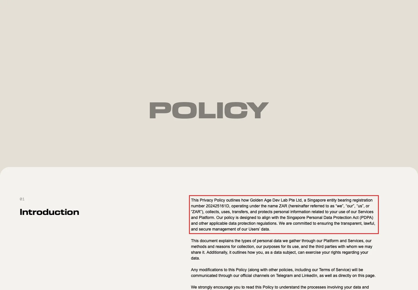 Privacy Policy ZAR с юридическим лицом оператора