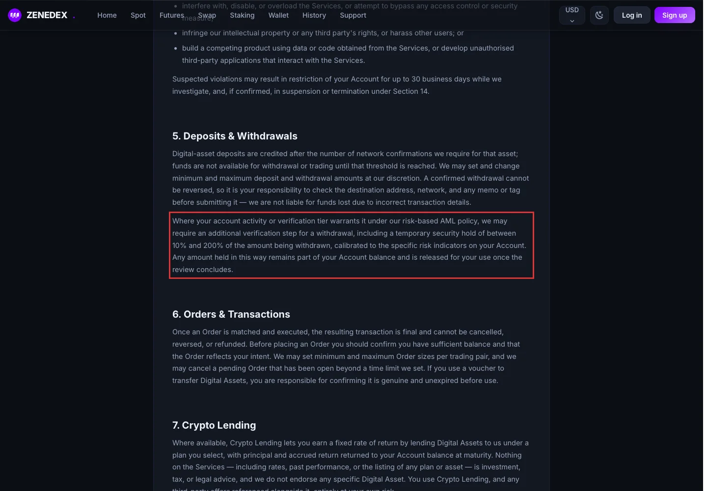 Условие об обеспечительном удержании при выводе в соглашении Zenedex