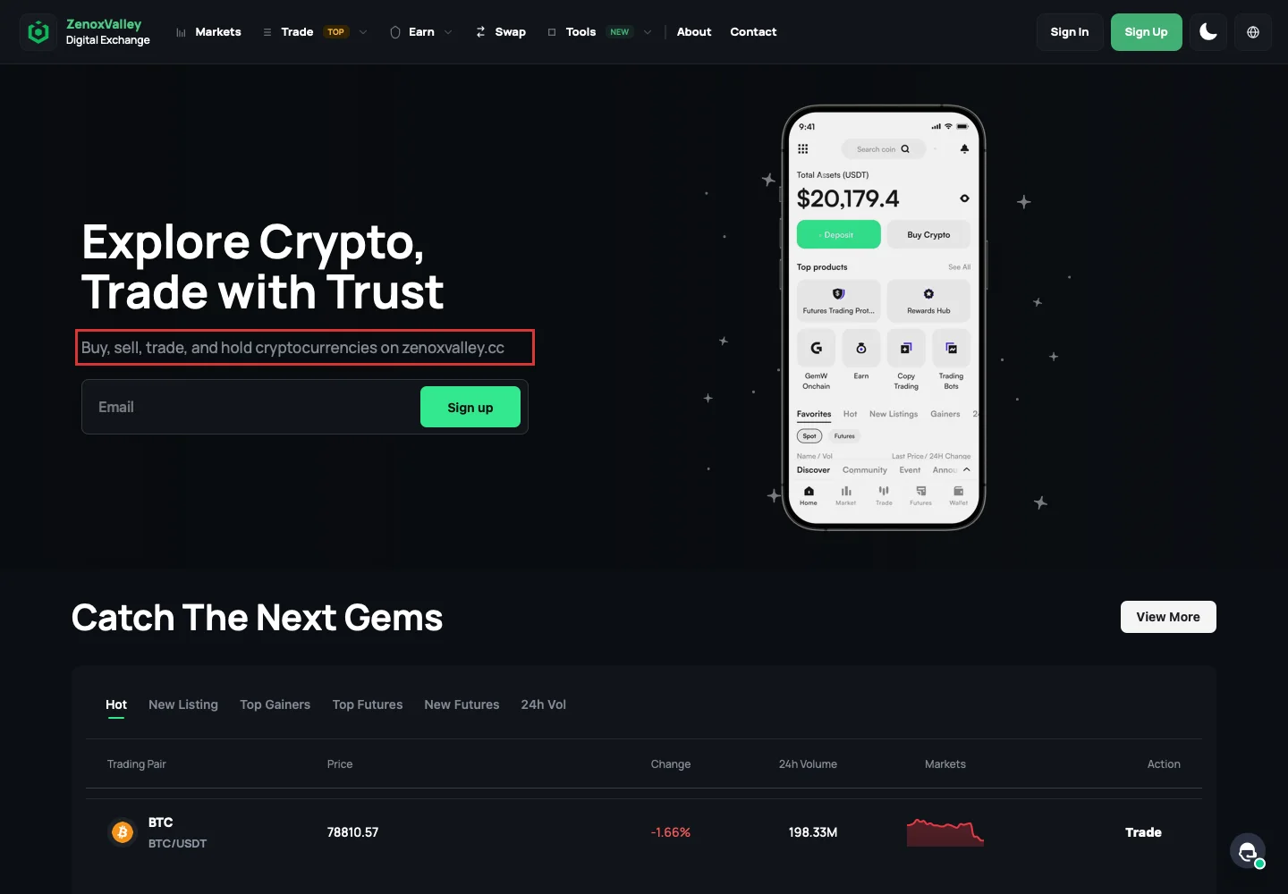 Главная страница ZenoxValley с описанием криптовалютной торговли